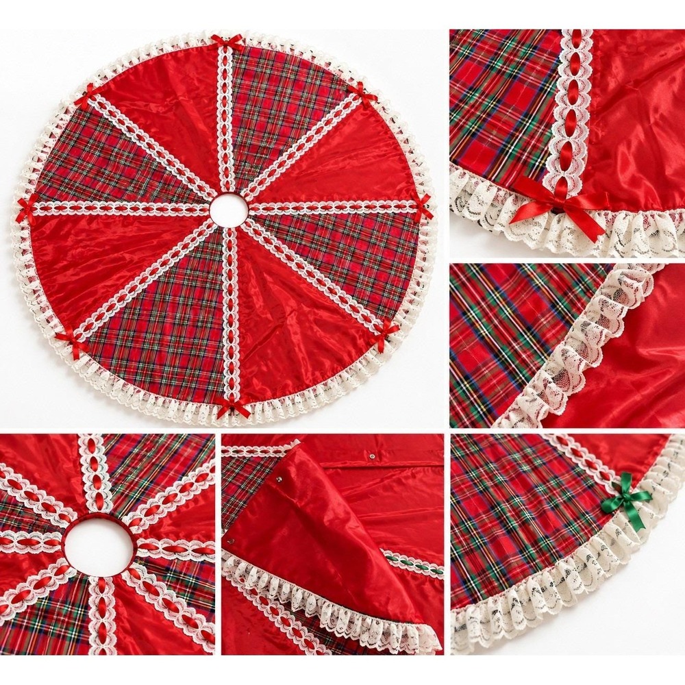 Vintage Christmas Tree Skirt Taffeta Reversible Handmade USA Plaid Lace Red Lrg